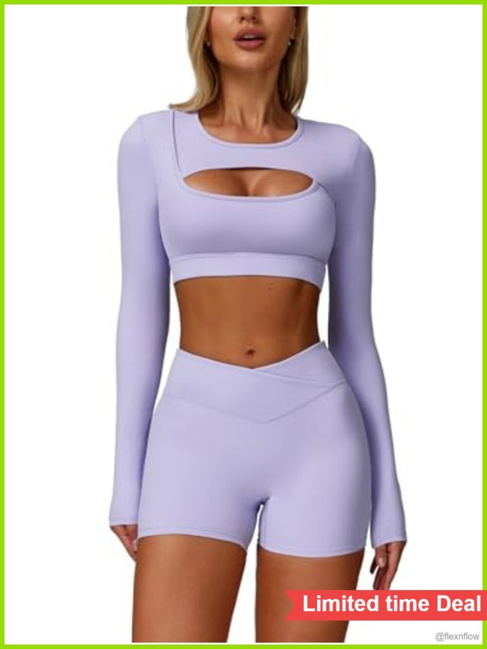 2 Piece Workout Set Long Sleeve Cutout Crop Top High Waisted Shorts